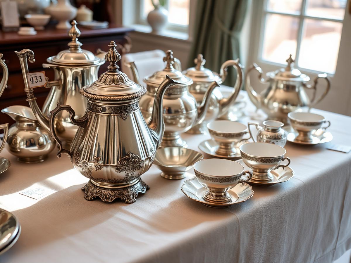 Vintage silver teapots and porcelain cups tagged and displayed at an estate sale